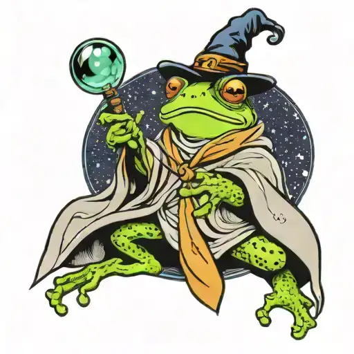 Frog standing on hind legs in wizard robe with wizard hat casting a spell with a wand, black outline no shading tattoo design idea