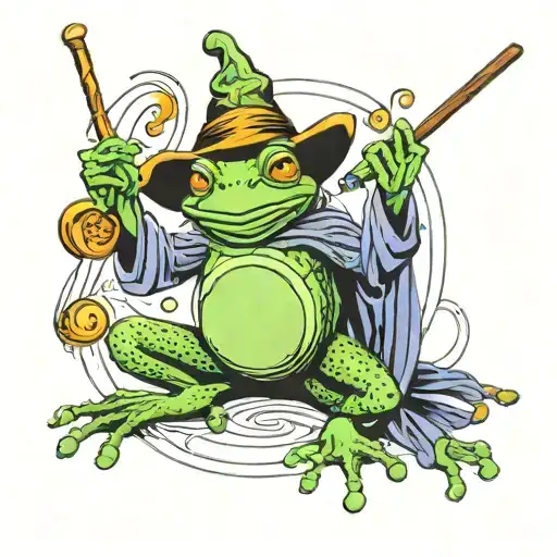 frog on hind legs in wizard robe and hat, casting spell with wand. no shading, only outline  tattoo design idea
