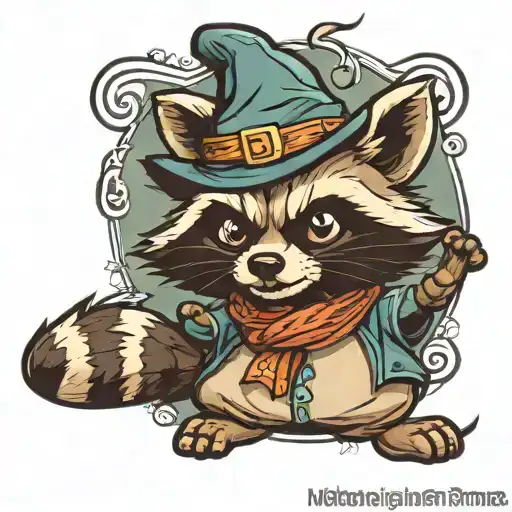 Cartoon racoon witth wizard hat casting spell, black outline  tattoo design idea