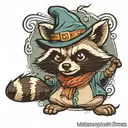 Cartoon racoon witth wizard hat casting spell, black outline  tattoo design idea