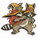 Cartoon racoon witth wizard hat casting spell, black outline  tattoo design idea