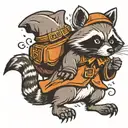 Cartoon racoon witth wizard hat casting spell, black outline  tattoo design idea