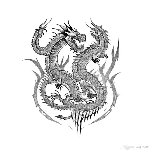 matching dragons one with cyan body and other red body they figthing tattoo design idea