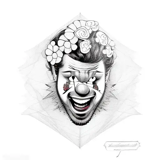 cheatah print on shoulder going down to a sexy email clown face with webbing over it with flowers around the clown face tattoo design idea