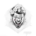 cheatah print on shoulder going down to a sexy email clown face with webbing over it with flowers around the clown face tattoo design idea