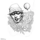 cheatah print on shoulder going down to a sexy email clown face with webbing over it with flowers around the clown face tattoo design idea