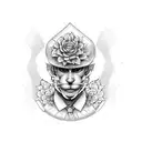 cheatah print on shoulder going down to a sexy email clown face with webbing over it with flowers around the clown face tattoo design idea