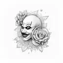 cheatah print on shoulder going down to a sexy email clown face with webbing over it with flowers around the clown face tattoo design idea
