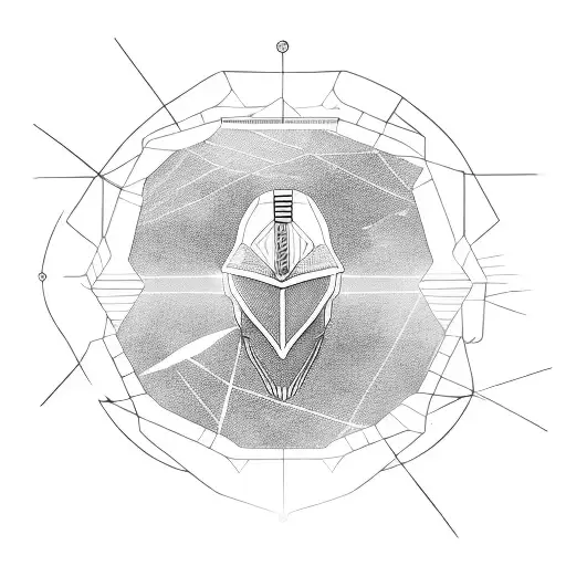 silent knight, geometric lines, schematic and infographic, in space with solar system behind tattoo design idea