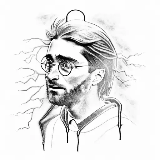 A realistic black and grey portrait of Harry Potter casting a spell, with lightning bolts incorporated to represent your love for electric vehicles. tattoo design idea