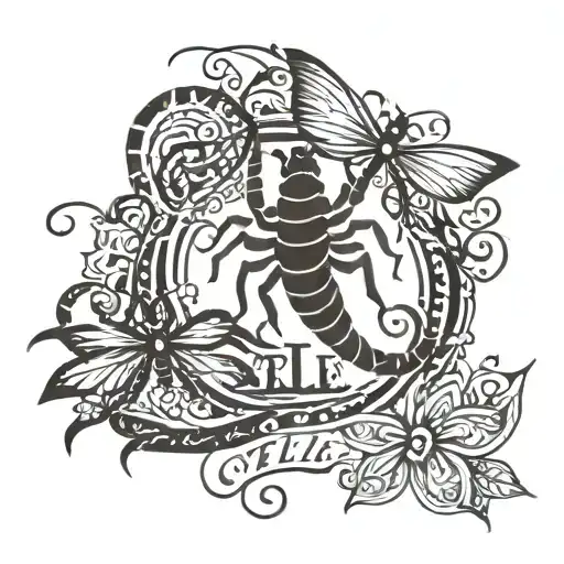 scorpion and dragonfly with the name Nicole and date 72-23 tattoo design idea