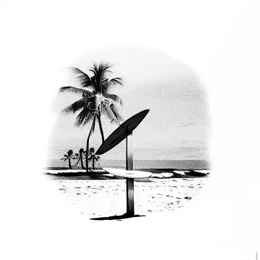 A serene beach scene with palm trees, a cross, and a surfboard, representing your passion for surfing and faith tattoo design idea