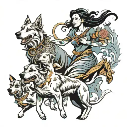 human Mother and dogs running freely embodying the client's passion tattoo design idea
