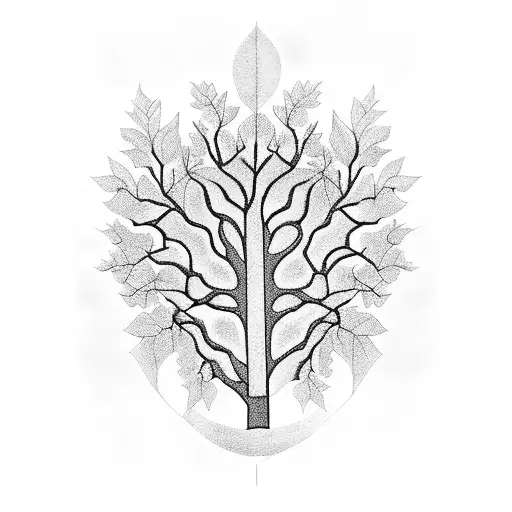 A blackwork tattoo of a tree with each branch bearing a different fruit of the spirit, symbolizing the client's belief in the power of love, joy, and self-control. tattoo design idea