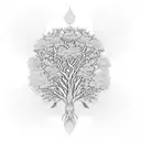 A blackwork tattoo of a tree with each branch bearing a different fruit of the spirit, symbolizing the client's belief in the power of love, joy, and self-control. tattoo design idea