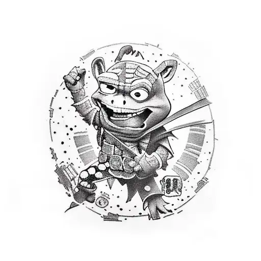 trash polka full sleeve with Teenage mutant ninja tuetle Raphael, Ironman, Aggretsko, Samurai Jack and them helping a no tattoo design idea