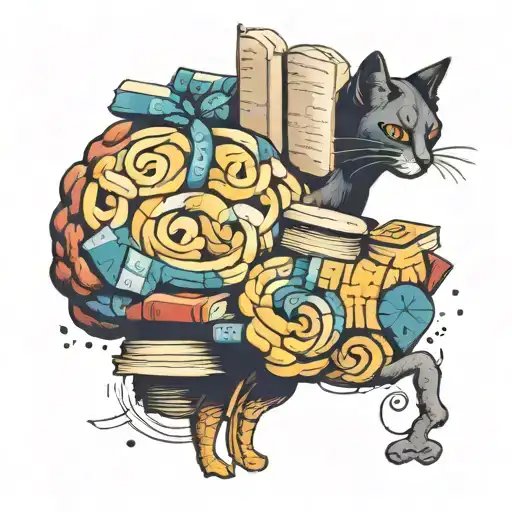 A new-school design of a brain with intricate book pages intertwined, with a cat silhouette resting on top tattoo design idea