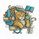 A new-school design of a brain with intricate book pages intertwined, with a cat silhouette resting on top tattoo design idea