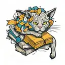 A new-school design of a brain with intricate book pages intertwined, with a cat silhouette resting on top tattoo design idea