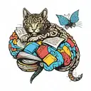 A new-school design of a brain with intricate book pages intertwined, with a cat silhouette resting on top tattoo design idea