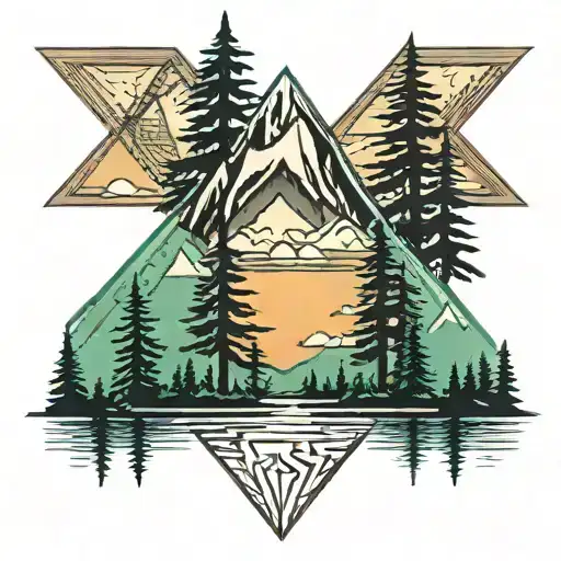 PNW, geometric, mountains, lakes, and evergreen trees tattoo design idea