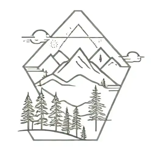 PNW, geometric, mountains, lakes, and evergreen trees tattoo design idea