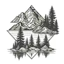 PNW, geometric, mountains, lakes, and evergreen trees tattoo design idea