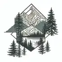 PNW, geometric, mountains, lakes, and evergreen trees tattoo design idea