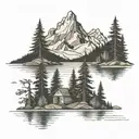 PNW, geometric, mountains, lakes, and evergreen trees tattoo design idea