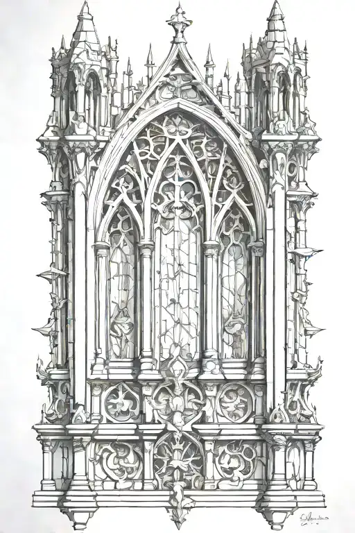 A tattoo design inspired by the intricate details and symbolism of Gothic architecture, featuring elements like ornate arches, stained glass windows, and gargoyles tattoo design idea