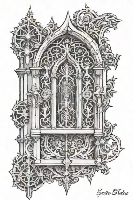 A tattoo design inspired by the intricate details and symbolism of Gothic architecture, featuring elements like ornate arches, stained glass windows, and gargoyles tattoo design idea