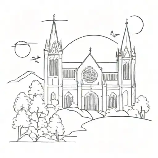 A minimalist tattoo design of a gothic cathedral surrounded by nature elements like trees and animals tattoo design idea