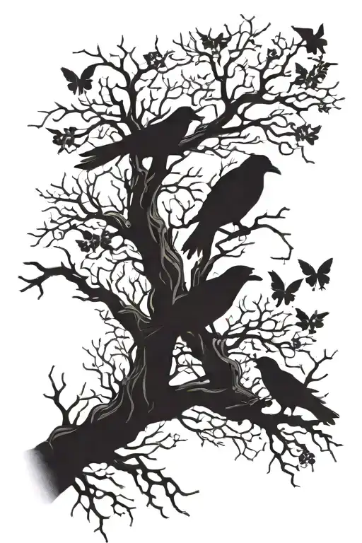A tattoo design combining elements of Gothic art and nature, such as intricate tree branches intertwined with dark, mystical creatures like ravens or wolves tattoo design idea
