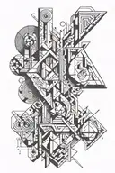 A sculpture-inspired tattoo featuring a dynamic composition of abstract shapes and forms, reminiscent of modern art movements like cubism or surrealism tattoo design idea