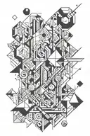 A sculpture-inspired tattoo featuring a dynamic composition of abstract shapes and forms, reminiscent of modern art movements like cubism or surrealism tattoo design idea