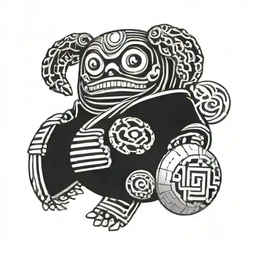 A Daruma doll with a computer motherboard design integrated into its body tattoo design idea