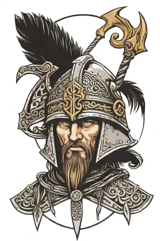 Slavic warrior in a helmet inside the Mir rune tattoo design idea