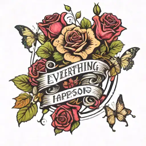 rose and butterflies with a Christian cross underneath with the text everything happens for a reason   tattoo design idea