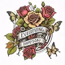 rose and butterflies with a Christian cross underneath with the text everything happens for a reason   tattoo design idea