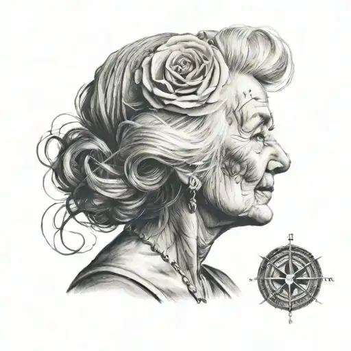 A black and grey portrait of your grandmother with a subtle compass hidden in the background, honoring her memory and guidance tattoo design idea