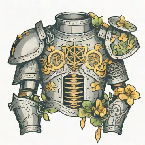 A suit of armor that’s been cracked open, with bits of gold coins, clovers, or other symbols of luck poking through tattoo design idea