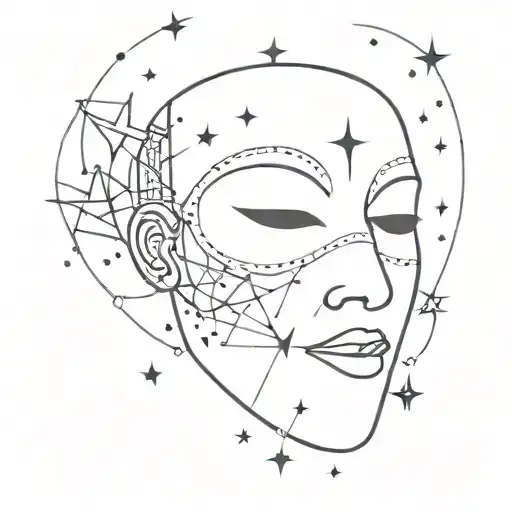 A mask that’s cracked and breaking apart, with stars, constellations, or other celestial symbols pouring out. tattoo design idea