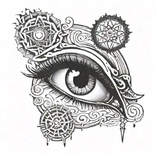 A tired eye, mix of symbols about deep thoughts, loneliness and luck. tattoo design idea
