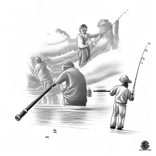 Fishermen throw their rods away on the pier in a distance sunny tattoo design idea