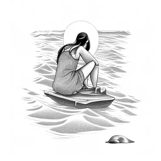 girl sits on the sand by the sea and looks at the sea. and in the delek on the right, fishermen are fishing on the pier tattoo design idea
