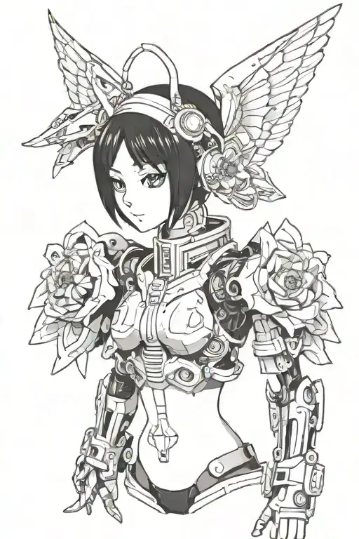 anime chan, half angel, half robot tattoo design idea