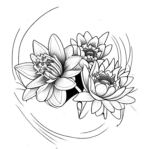 bouquet of daffodils, marigolds, violets and water lilies tattoo design idea