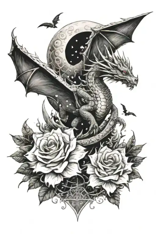 book opening to a court of thrones and roses mountain and stars and small outlines of dragons flying up moon flowers tattoo design idea