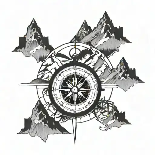 compass and mountain range silhouette tattoo design idea