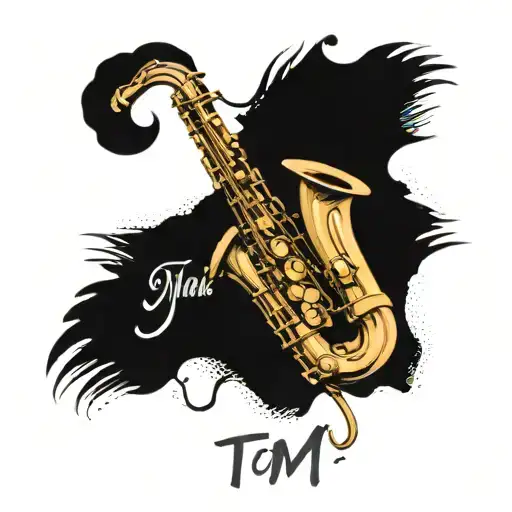 an empty saxophone with the letters TM P D M on it tattoo design idea